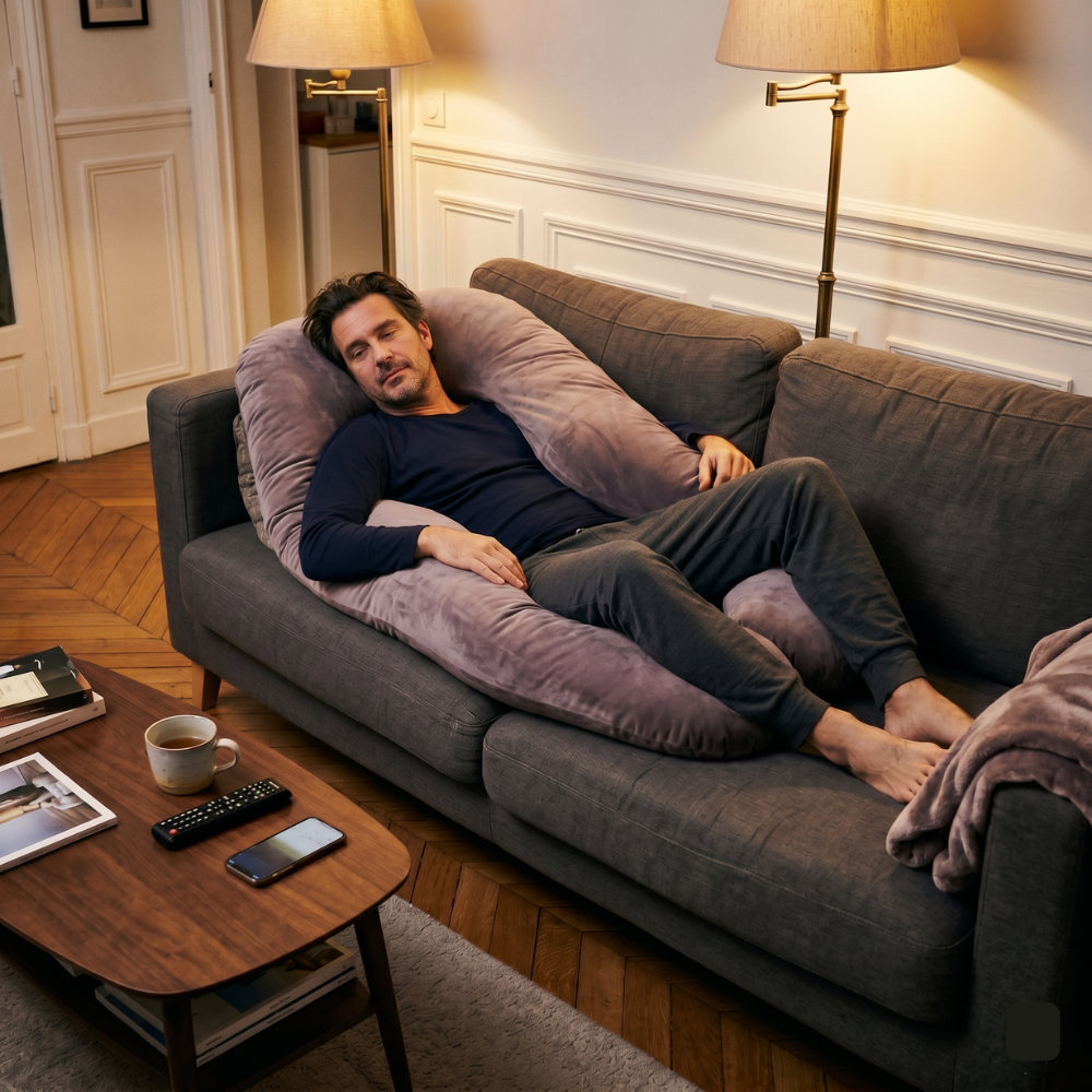 Homme se relaxant sur un canapé avec le CoolNight dans un salon parisien