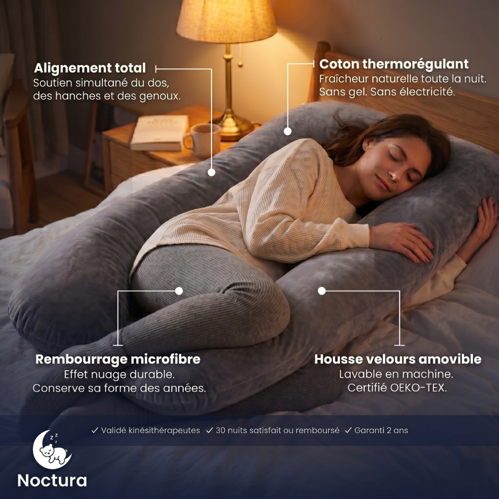 Infographie des bénéfices CoolNight : alignement, coton thermorégulant, rembourrage microfibre, housse velours