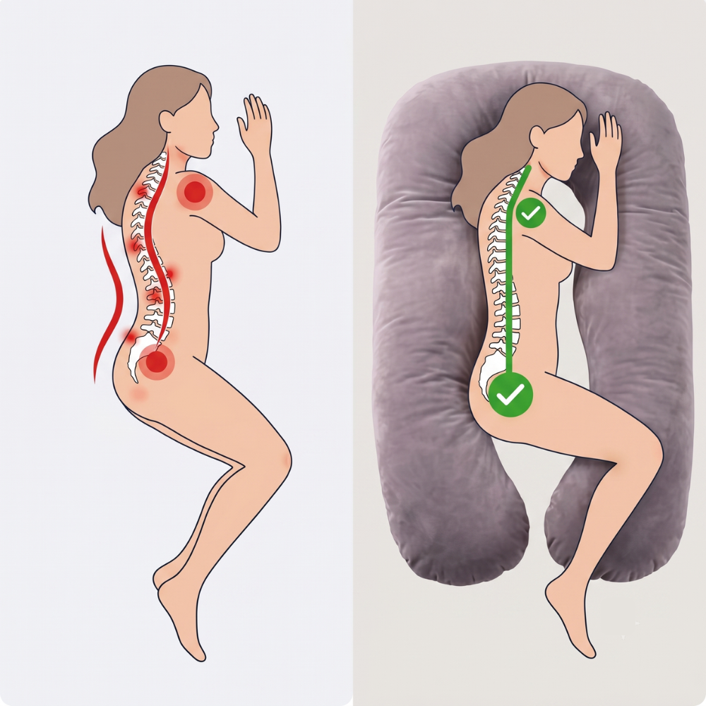 Comparaison alignement de la colonne vertébrale sans et avec le coussin CoolNight