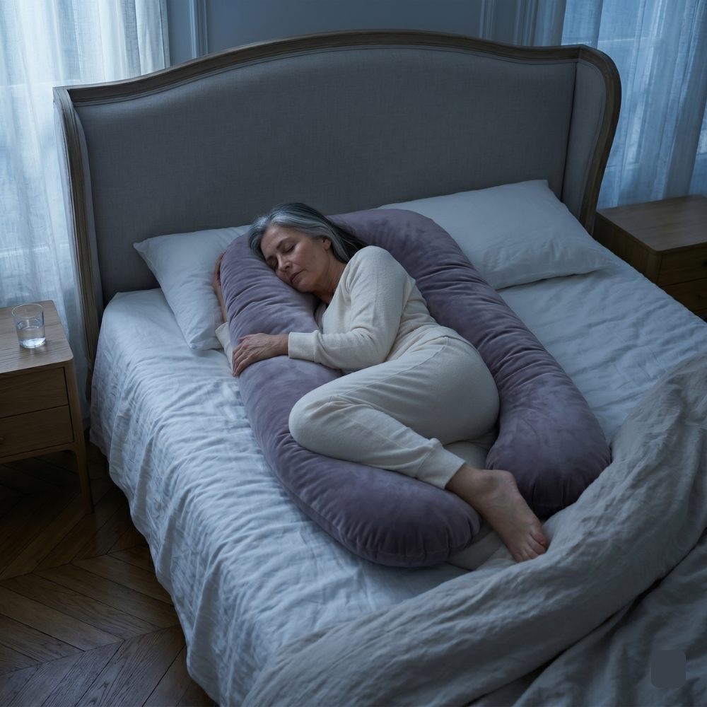 Femme dormant paisiblement enlacée par son CoolNight, dos et hanches soutenus