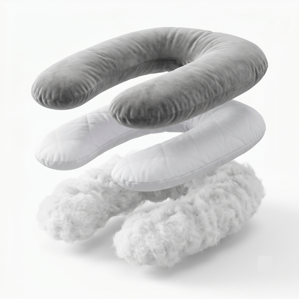 Vue éclatée du CoolNight : housse velours, housse coton matelassée et garnissage microfibre