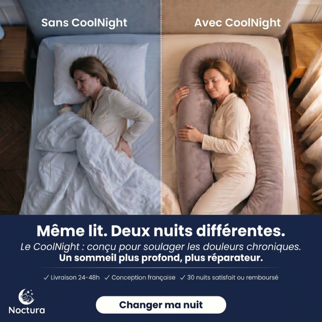 Vue de dessus comparée : sans CoolNight, une femme allongée sur le dos qui se tient le bas du dos ; avec CoolNight, la même femme endormie sur le côté, enlaçant le coussin en U.
